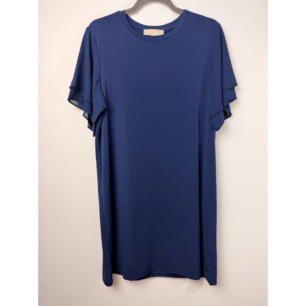 Michael Kors Blue Shift Dress Layered Flutter Sleeve Crew Neck Size L Classic